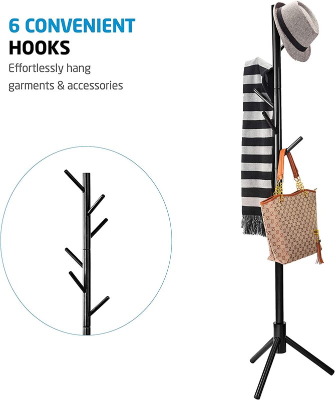 Zober Premium Free Standing Wooden Coat Rack with 6 Hooks, Black
