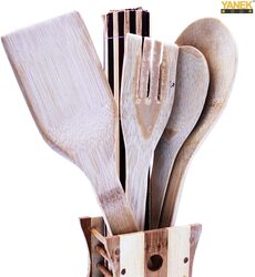 Yanek 5-Piece Bamboo Wooden Cutlery Set with 1 Stand, Brown