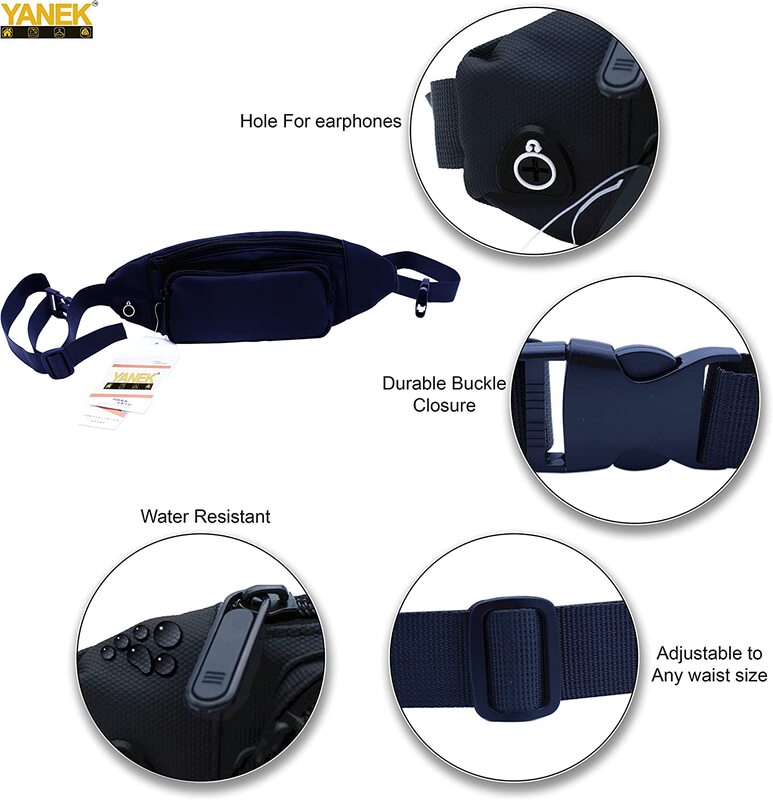 Yanek Running Belt Pouch Waist Bag with Adjustable Straps for Workout, Running, Hiking, Solid Black