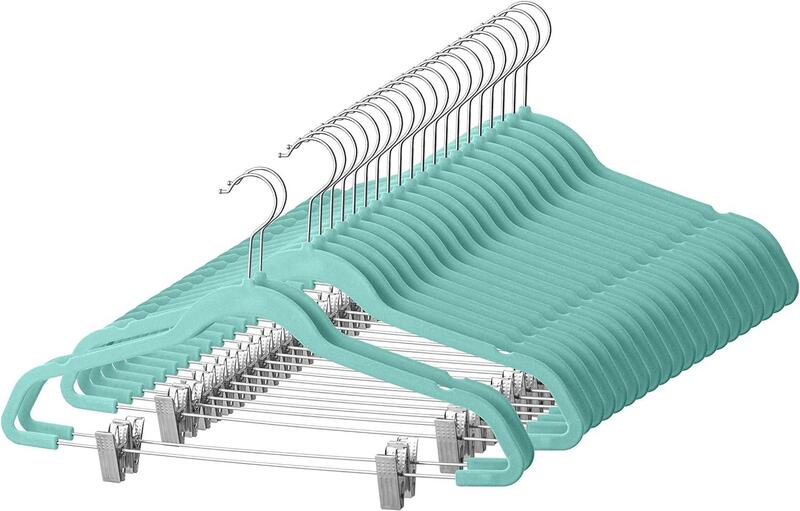 Zober Velvet Hangers with Clips  Pack of 20 Metal Clip Hangers for Pants  Notched Turquoise Velvet Skirt Hangers for Pants, Skirts, Suits, Dresses & Shirts w/ 360 Degree Hook - Non Slip Felt Hangers