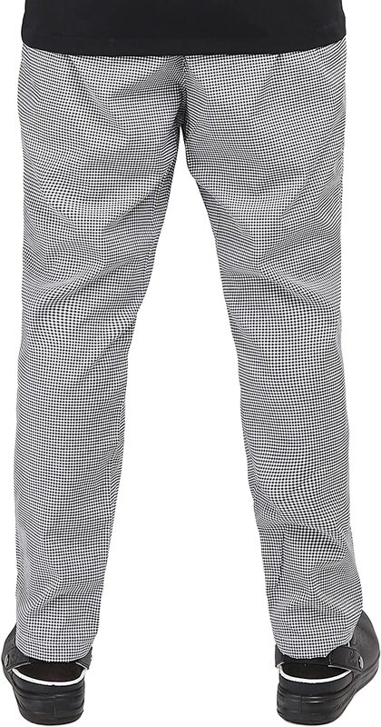 Yanek Checks Pattern Elastic Waist & Drawstring Unisex Trousers Chef Pants, 32/Small, Black/White