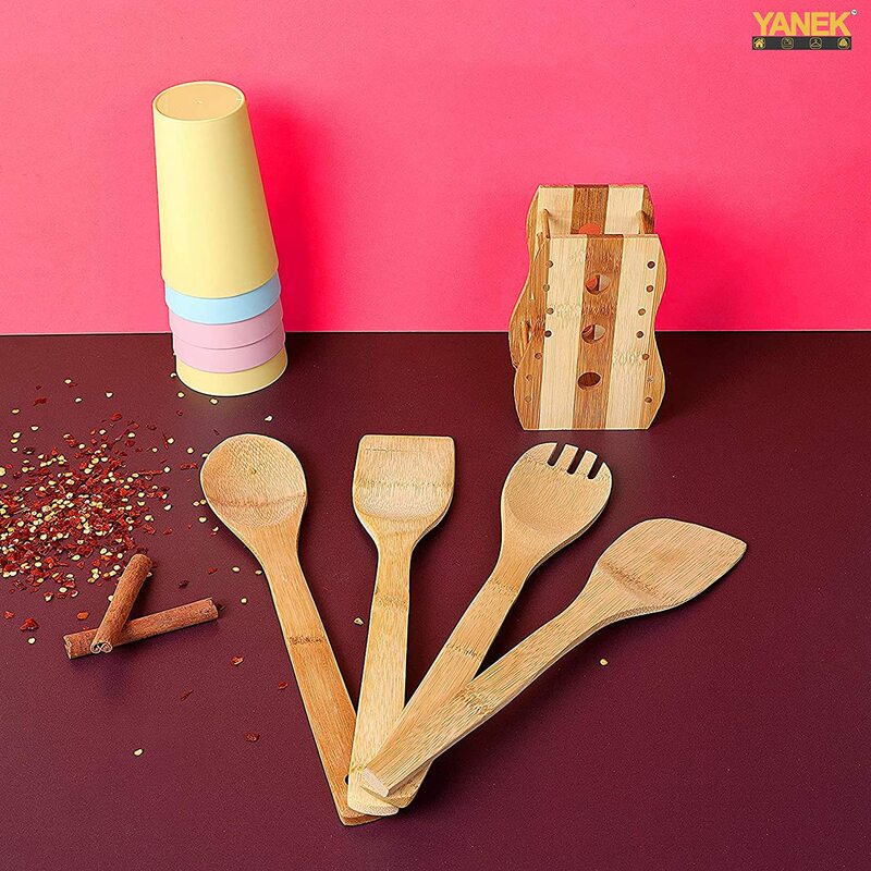 Yanek 5-Piece Bamboo Wooden Cutlery Set with 1 Stand, Brown