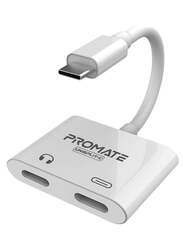 Promate 2-in-1 Audio & Charge Adaptor, USB Type-C to Type-C Adapter, White