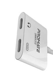 Promate 2-in-1 Audio & Charge Adaptor, USB Type-C to Type-C Adapter, White