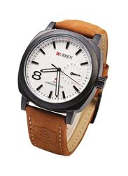Curren Analog Watch for Men with Leather Band, 8139, Brown/White