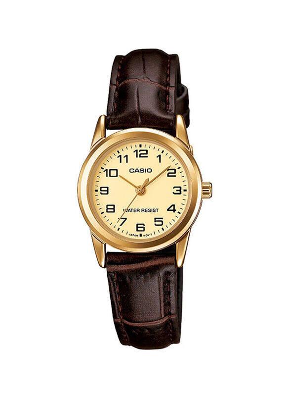 

Casio Analog Quartz Watch for Women with Leather Band, Water Resistant, LTP-V001GL-9BUDF, Gold/Brown