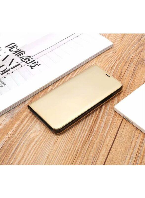 Apple iPhone XS Max Ultra-Thin Translucent View Mirror Flip Electroplate Stand Mobile Phone Case Cover, X-MX61, Gold