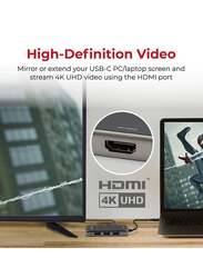 Promate 100W USB-C Prime Hub-Mini to 4K HDMI/RJ45 Port/3 USB Ports/TF/SD Slot, Black