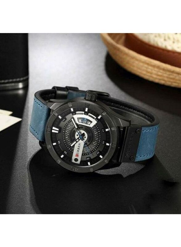 Curren Analog Watch for Men with Leather Band, Splash Resistant, WT-CU-8301-GR, Blue/Black