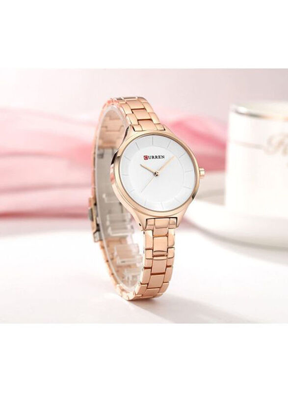 Curren Analog Wrist Watch for Women with Stainless Steel Band, Water Resistant, Rose Gold-White