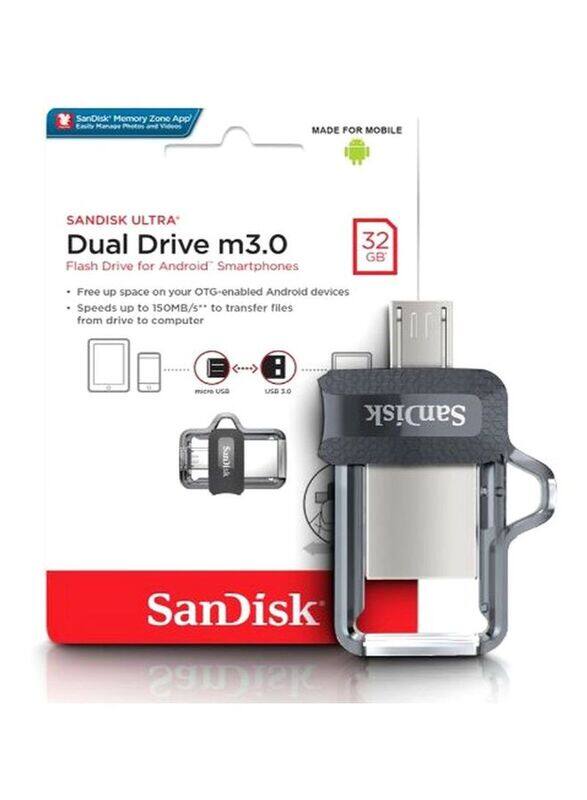 SanDisk 32GB Ultra Dual USB Flash Drive, Silver/Black