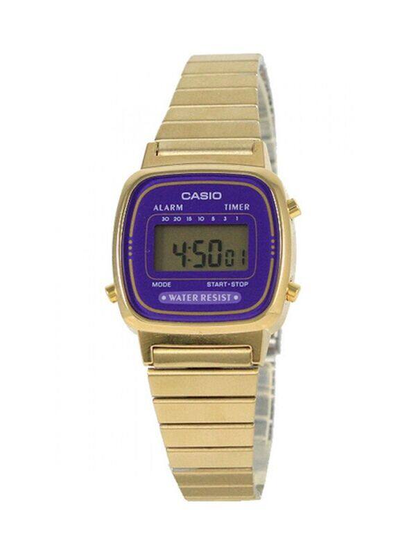 

Casio Digital Watch for Men with Stainless Steel Band, Water Resistant, LA670WGA-6DF, Gold/Purple