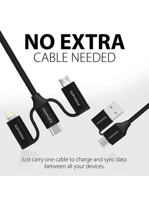 Promate 1.2-Meter UniLink-Trio2 6-In-1 Multi Charging Cable, PENTAPOWER.BLACK, Black