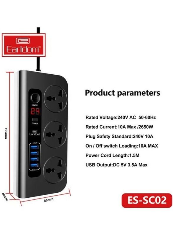 Earldom 3-Port USB Multifunction Socket, Black