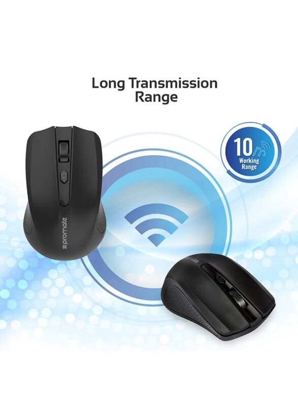 Promate 2.4 GHz Ergonomic Wireless Optical Mouse, Black