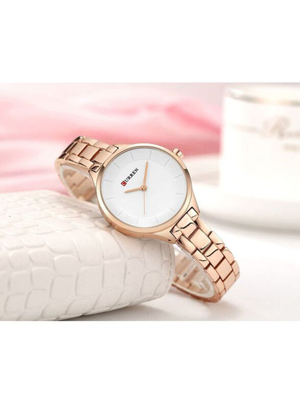 Curren Analog Wrist Watch for Women with Stainless Steel Band, Water Resistant, Rose Gold-White