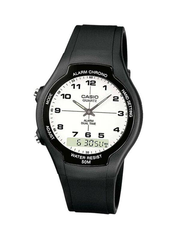 

Casio Dual Time Analog + Digital Watch for Men with Rubber Band, Splash Resistant, AW90H-7BVDF, Black/White