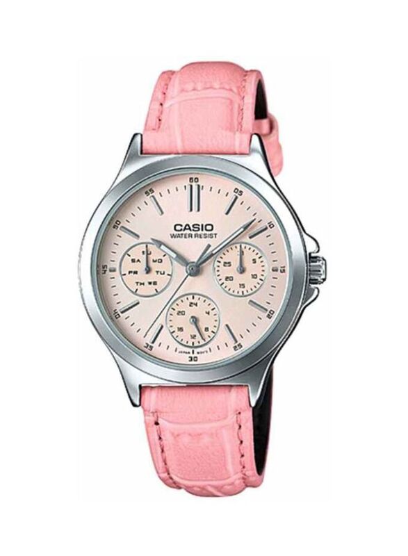 Casio Enticer Analog Quartz Watch for Women with Leather Band, Water Resistant and Chronograph, LTP-V300L-4AUDF, Silver/Pink