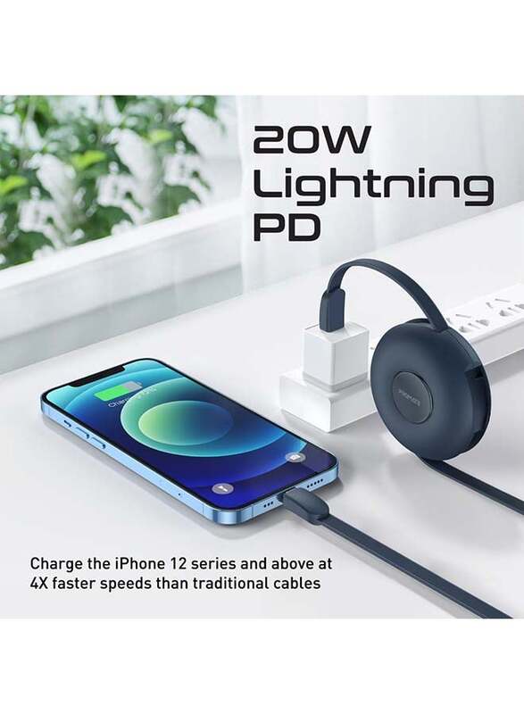 Promate Magnetic 3-in-1 Retractable Charging Cable, USB Type-C to USB Type-C, Micro-USB & Lightning for Smartphones & Tablets, QUIVER.BLUE, Blue