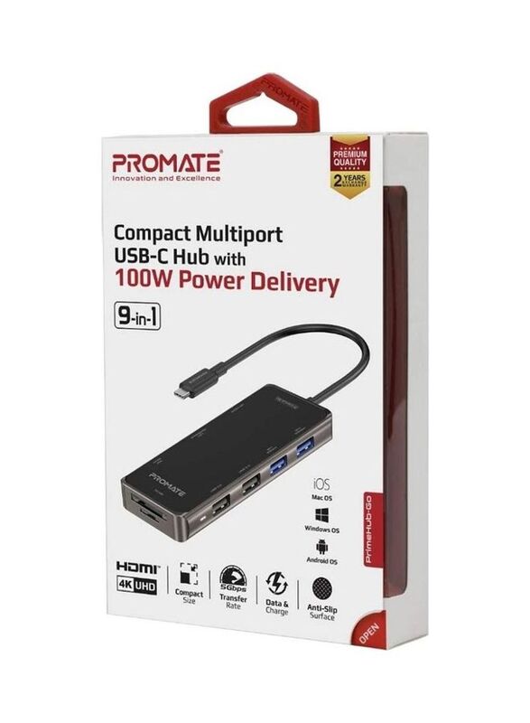 Promate 100W USB Type-C to Multiport Power Delivery Compact Hub, Black