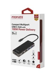 Promate 100W USB Type-C to Multiport Power Delivery Compact Hub, Black