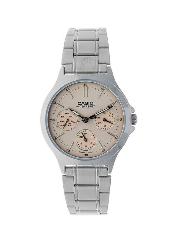 

Casio Enticer Analog Watch for Women with Stainless Steel Band, Water Resistant and Chronograph, LTP-V300D-4AUDF, Silver-Beige