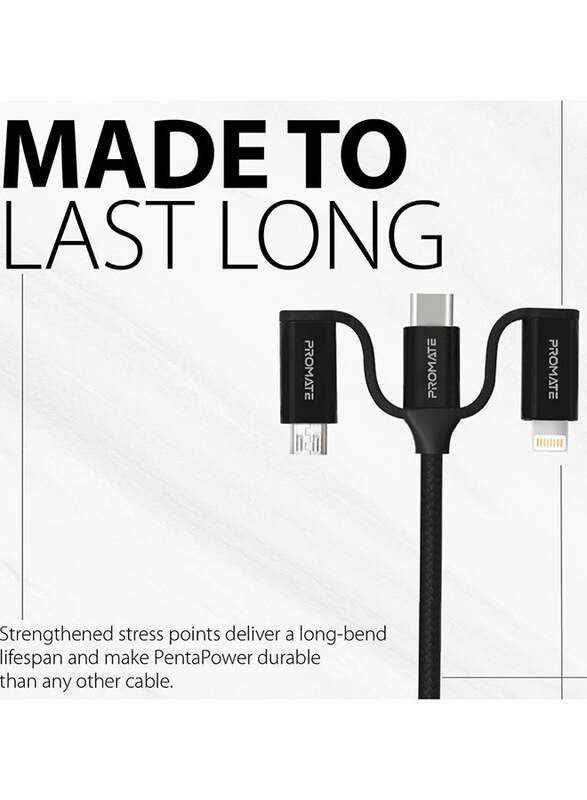 Promate 1.2-Meter UniLink-Trio2 6-In-1 Multi Charging Cable, PENTAPOWER.BLACK, Black