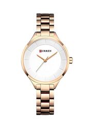 Curren Analog Wrist Watch for Women with Stainless Steel Band, Water Resistant, Rose Gold-White