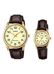 Casio Enticer Analog Watch Unisex with Leather Band, Water Resistant, MTP/LTP-V001GL-9BUDF, Brown/Yellow