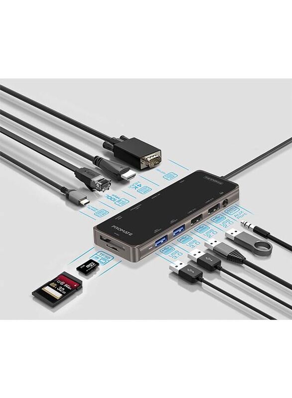 Promate 11-in-1 100W USB Type-C Multi-Port Adapter, Black