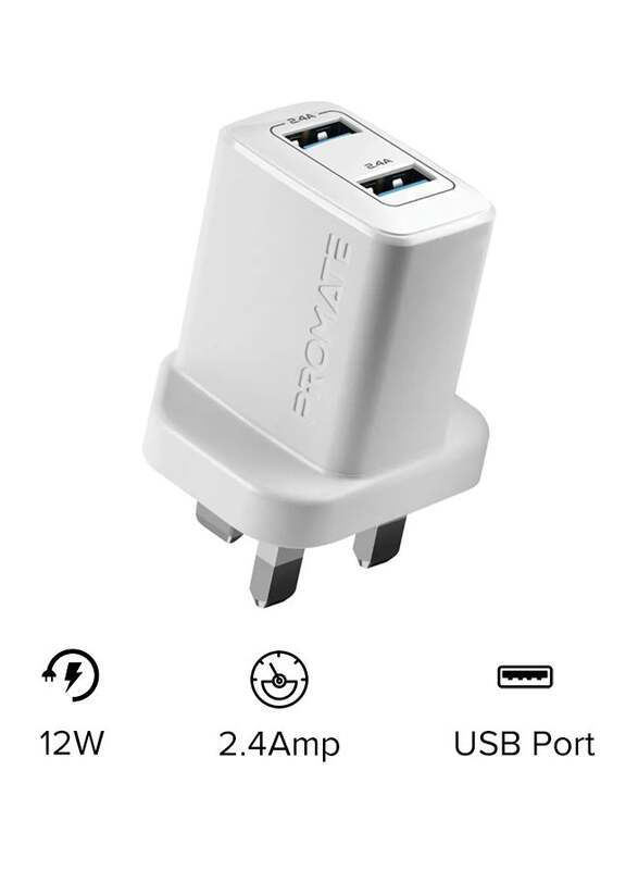 Promate Dual USB Port Power Wall Charge, White