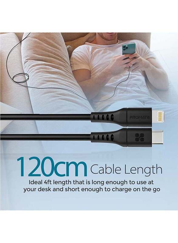 Promate 1.2-Meter Ultra-Fast Charging & Data Cable, USB Type-C to Lightning for Apple Devices, PowerLink-120 Black, Black