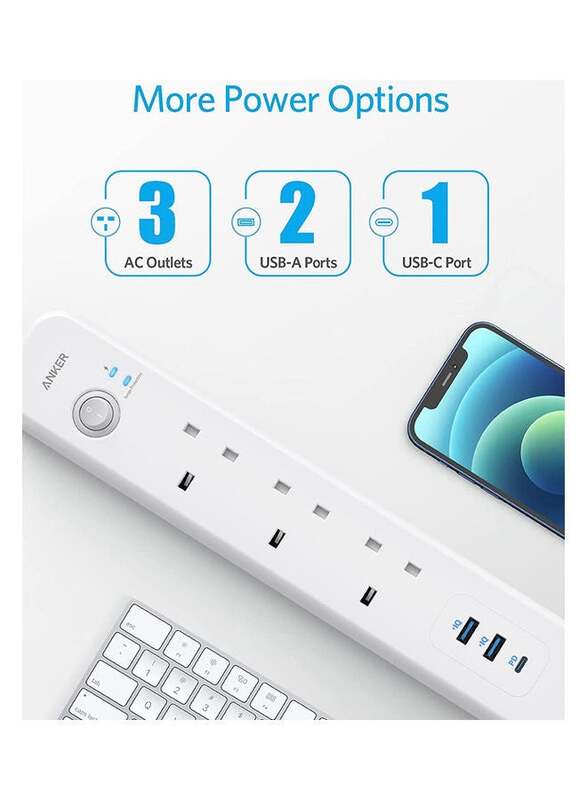 Anker Extension Lead with 1 Power Delivery 18W USB-C Port, 2 PowerIQ USB Ports, and 3 AC Outlets, White