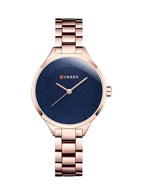 Curren Analog Watch for Women with Stainless Steel Band, Water Resistant, WT-CU-9015-GO1#D2, Rose Gold-Blue