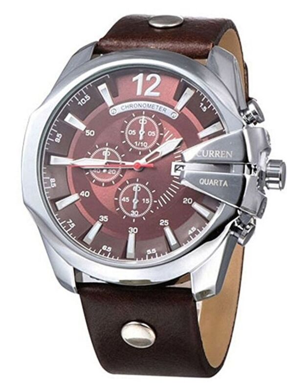Curren Analog Quartz Watch for Men with Leather Band, Water Resistant & Chronograph, Brown