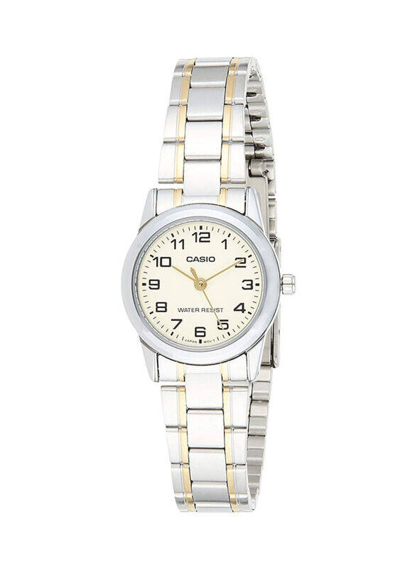 

Casio Dress Analog Quartz Watch for Women with Stainless Steel Band, Water Resistant, LTP-V001SG-9B, Beige/Silver-Gold