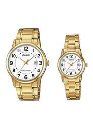 Casio Dress Analog Quartz Watch Set for Men and Women with Stainless Steel Band, Water Resistant, MTP/LTP-V002G-7BUDF, White/Gold