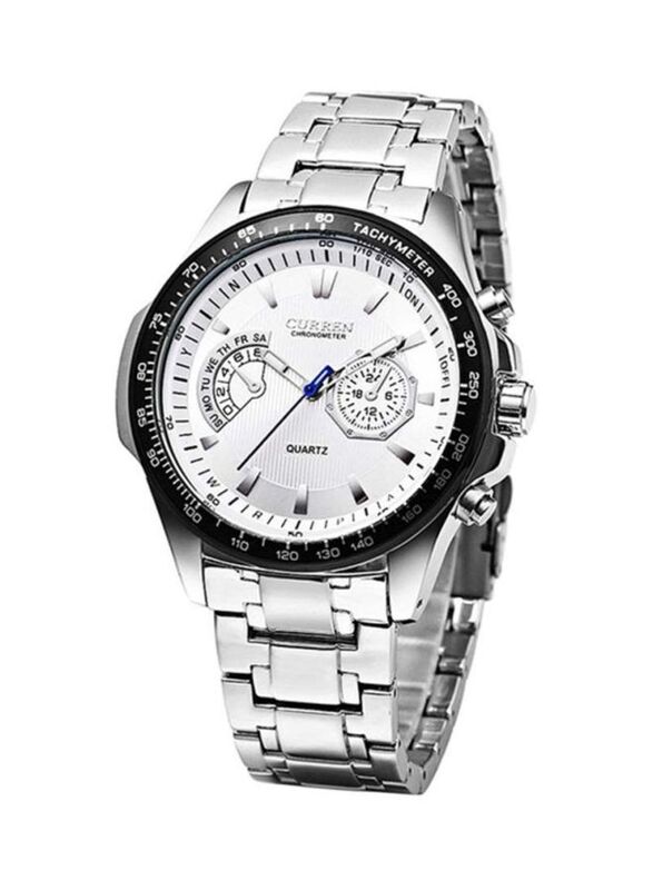 Curren Analog Watch for Men with Stainless Steel Band, Splash Resistant & Chronograph, 8020, Silver