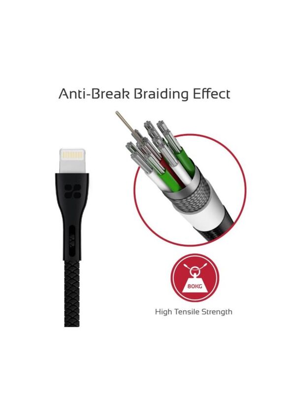 Promate Anti-Break Powerbeam-i Lighting Pin Data Sync Charging Cable, Black