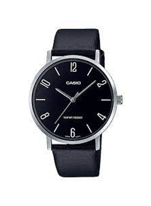 

Casio Analog Wrist Watch for Men with Leather Band, Water Resistant, MTP-VT01L-1B2UDF, Black-Black