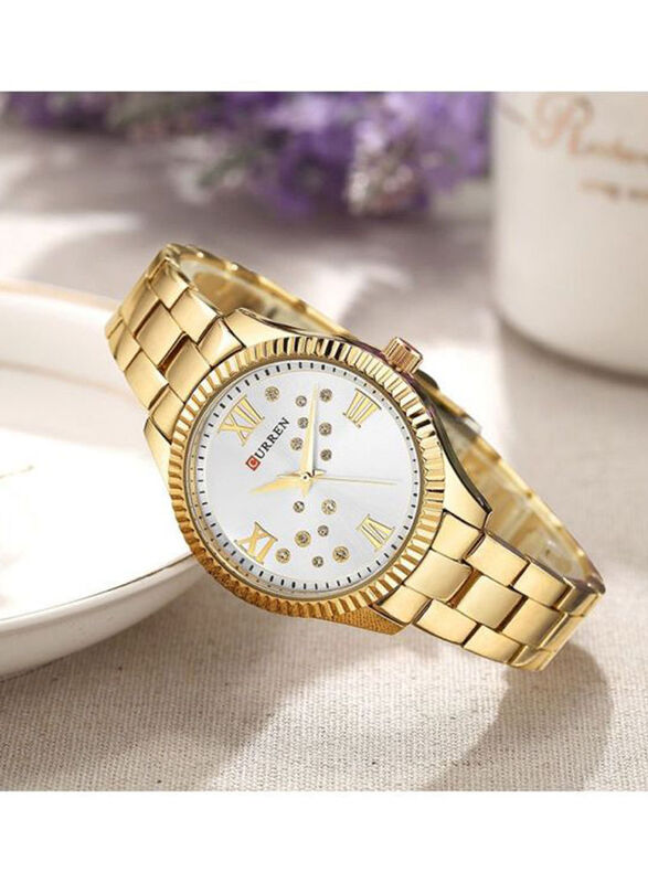 Curren Analog Wrist Watch for Women with Stainless Steel Band, Water Resistant, Gold-Silver
