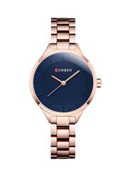 Curren Analog Watch for Women with Alloy Band, Water Resistant, 9015, Rose Gold-Blue
