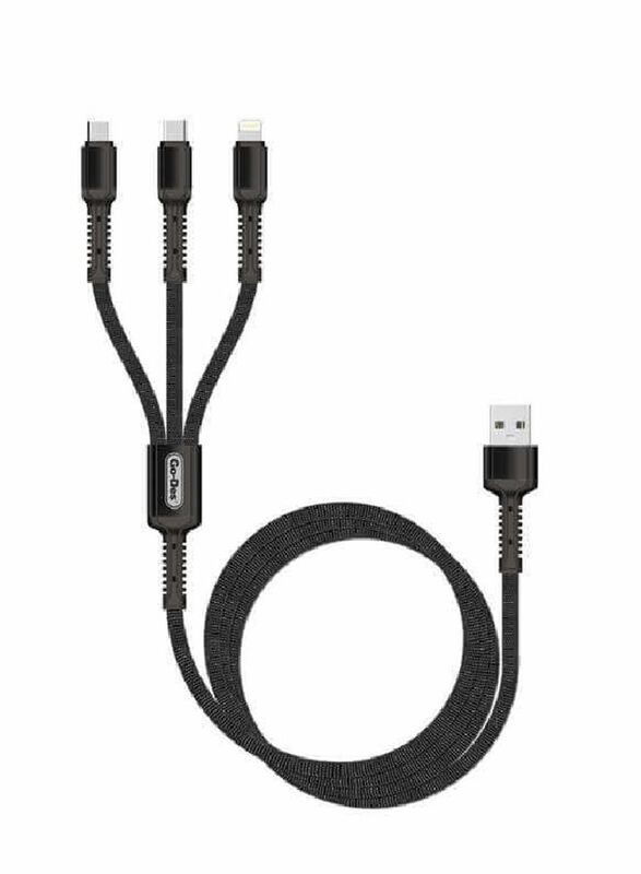 Go-Des 1.2-Meter 3-In-1 Data Sync Fast Charging USB Cable, USB Type A to Lightning, Micro USB, USB Type-C for Smartphones/Tablets, Black