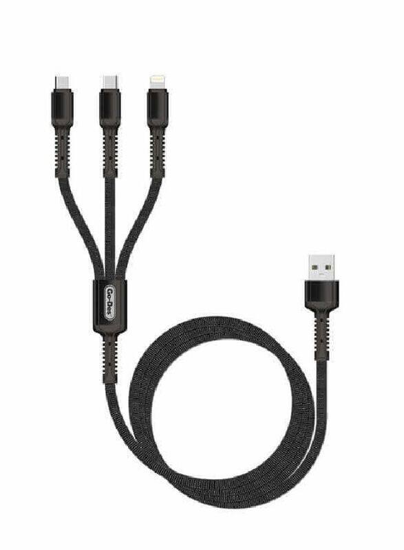 

Go-Des 1.2-Meter 3-In-1 Data Sync Fast Charging USB Cable, USB Type A to Lightning, Micro USB, USB Type-C for Smartphones/Tablets, Black