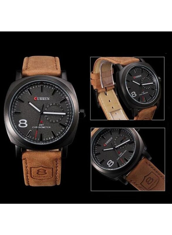 Curren Analog Wrist Watch for Men with Leather Band, Water Resistant, 8139, Brown-White