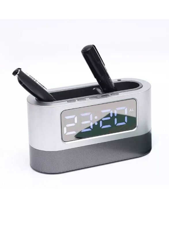 Office Mirror LED Electronic Display Digital Pen Holder Clock, Grey