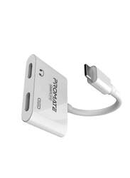 Promate 2-in-1 Audio & Charge Adaptor, USB Type-C to Type-C Adapter, White