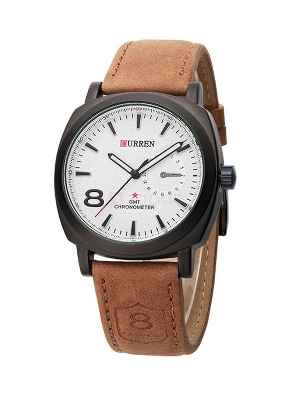 Curren Analog Watch for Men with Leather Band, CURREN 8139, Brown/White
