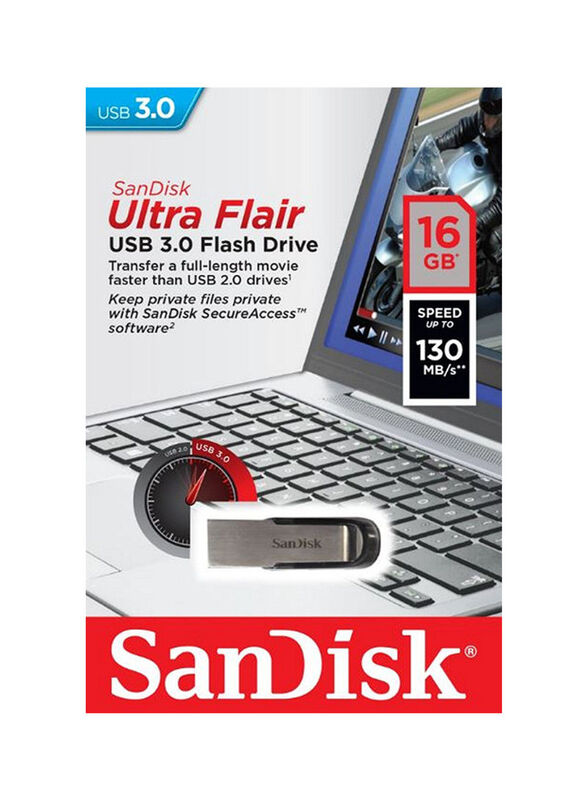 SanDisk 16GB Ultra Flair USB Flash Drive, Silver/Black