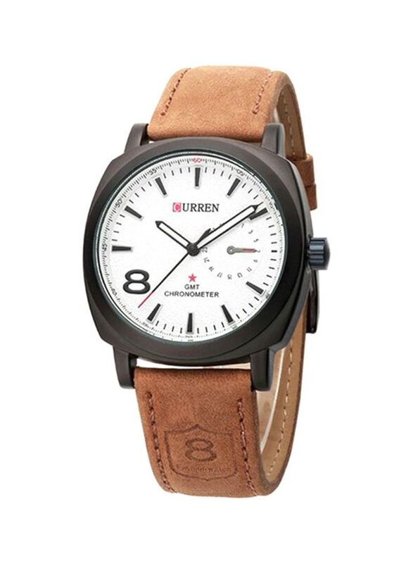Curren Analog Wrist Watch for Men with Leather Band, Water Resistant, 8139, Brown-White
